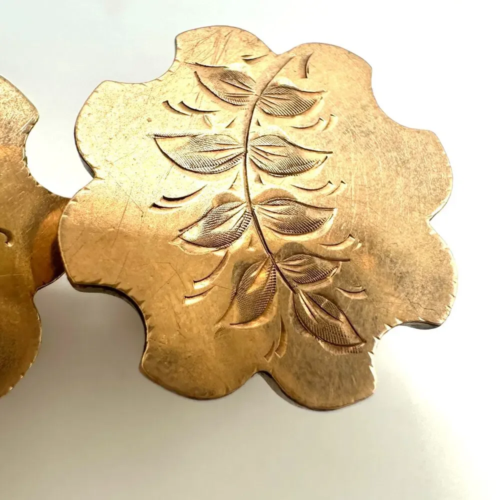 Antique Victorian signed 1880s rose gold filled etched fern leaves cufflinks